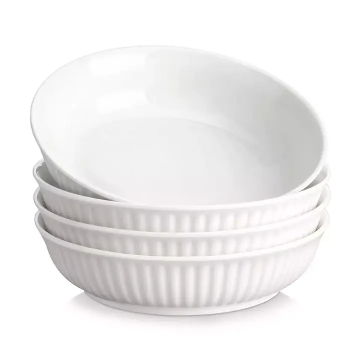MALACASA LEILA Round Fluted Tableware Bowls Set of 4, 30oz (900ml) White Porcelain Bowls for Pasta, Everyday Use, Stackable, Microwave, Dishwasher & Oven Safe