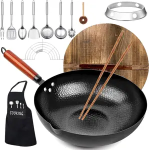 Carbon Steel Wok Pan, 14 count Woks & Stir-Fry Pans Set with Wooden Lid Cookwares, No  Coated Flat Bottom Chinese Pan for Induction, Electric, Gas, Halogen  Stoves - 12.6''