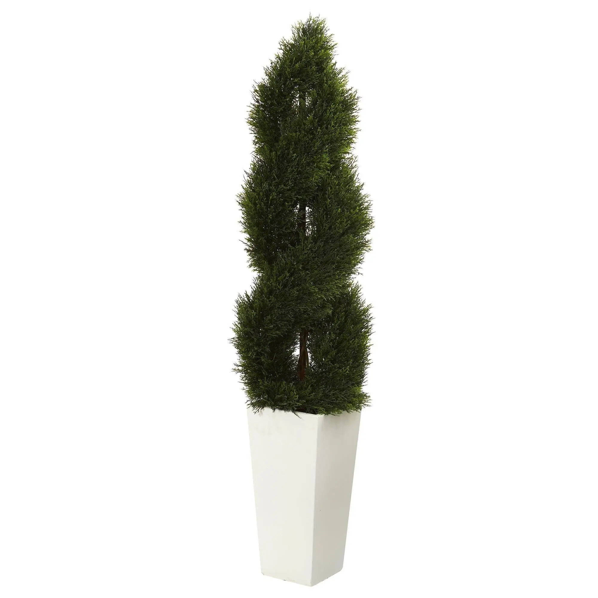 5.5ft Double Cypress Spiral Topiary Synthetic Decorative Artificial Plant - Indoor-Outdoor Decor Piece with White Planter for Home, Room Use