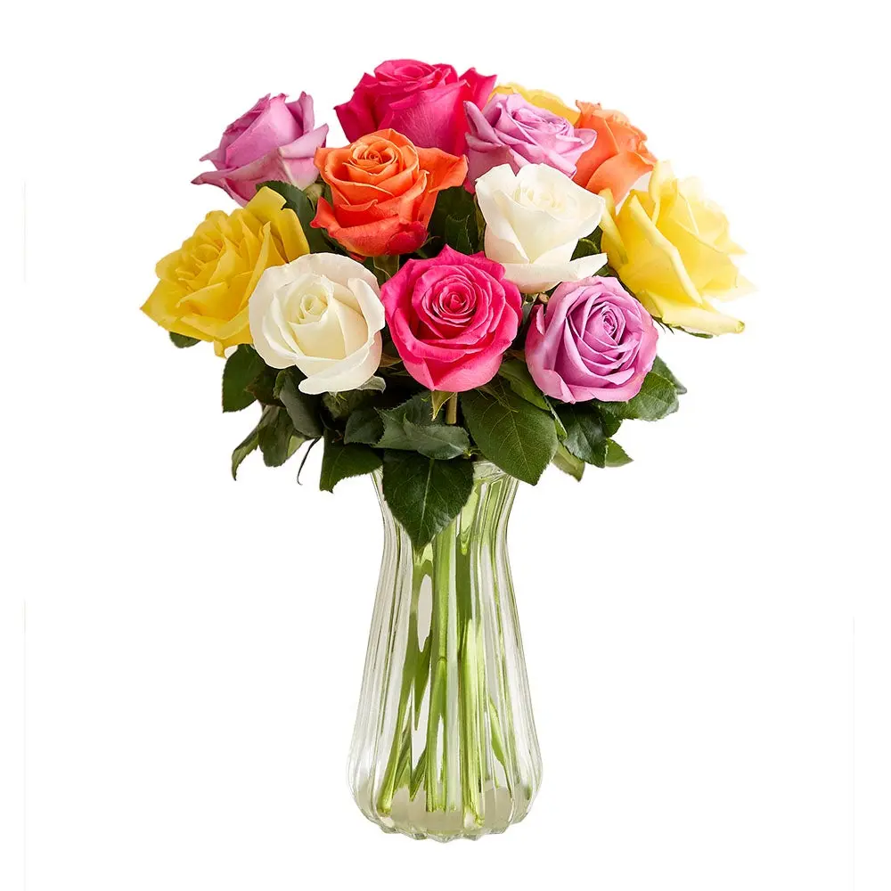 1800 Flowers – 12 Stem Assorted Bright Roses (Clear Vase Included) | Fresh Cut Spring Flowers for Delivery |Gift for Spring, Anniversary, Sympathy, and Special Occasions