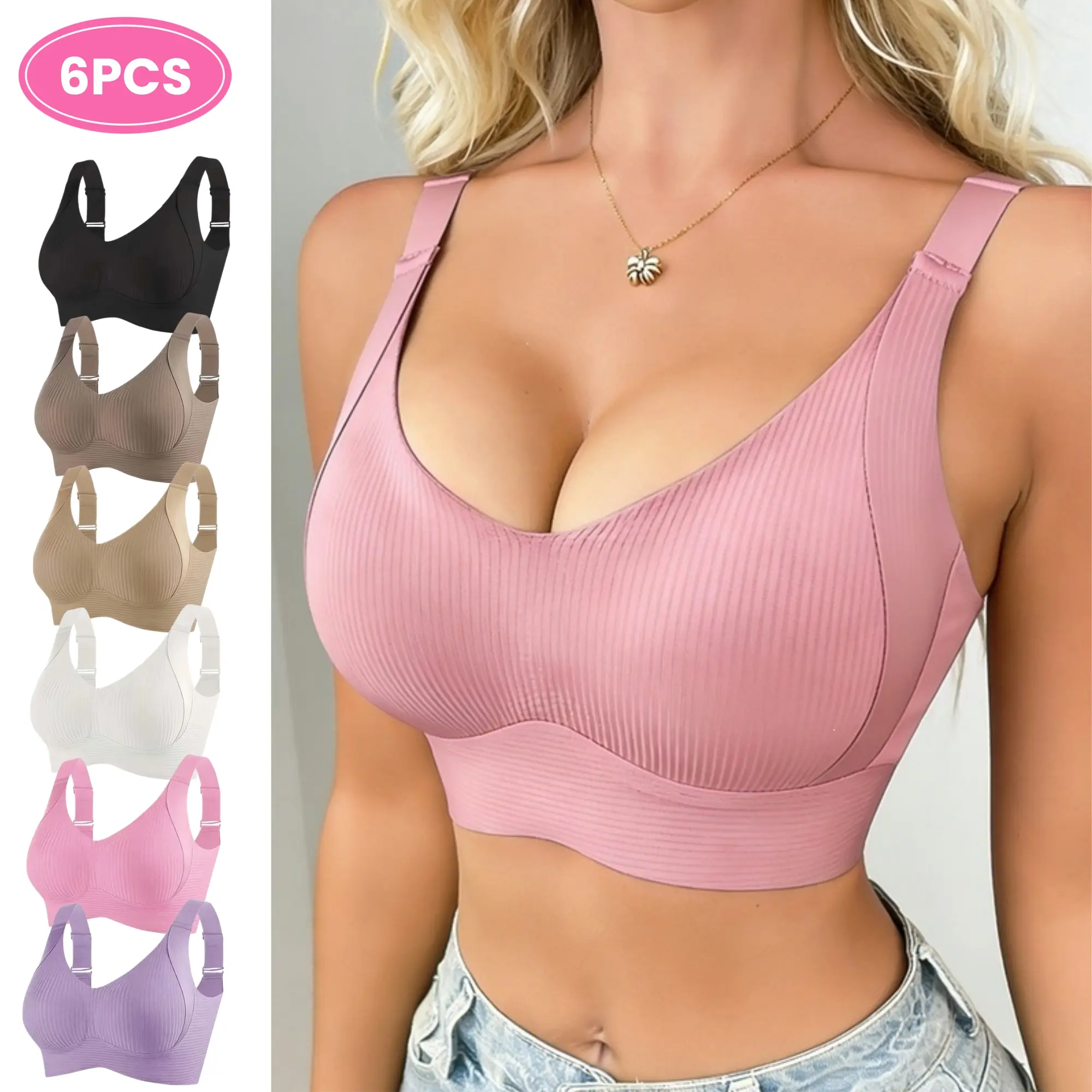 Women's 6-Pack Basic Smooth Jelly Wireless Bralette - Strong Support, Breathable, Comfortable, Ribbed Wide Straps, Seamless, Secure Fit, 3/4 Coverage Intimates for Daily Casual, Gym Wear， Balconette bra
