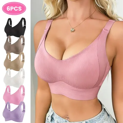 Women's 6-Pack Basic Bohemian V-Neck Sexy Push Up Smooth Jelly Bras - Elastic Touch Comfy Wireless Everyday Bras, Secure Fit, Breathable, Ribbed Wide Adjustable Racerback Straps, Seamless, 3/4 Coverage Intimates for Thanksgiving, Wedding