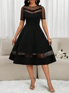 Spring Summer New Women's Elegant Solid Color Dress, Round Neck Short Sleeve Mesh Polka Dot Patchwork, Waist Cinched Slim Fit Midi Dress