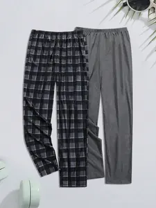 Men's Fall Winter Plaid Checked Sleepwear Loungewear Pajamas Set, Soft Elastic Waist Long Pants, Casual Fitted Home Wear, Comfortable & Pure