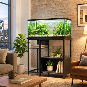 40-50 Gallon Aquarium Stand with Built-in Power Outlet, 600 LBS Heavy Duty Metal Frame Fish Tank Stand with Storage Shelves & Cabinet, for Turtle Reptile Terrarium, Black