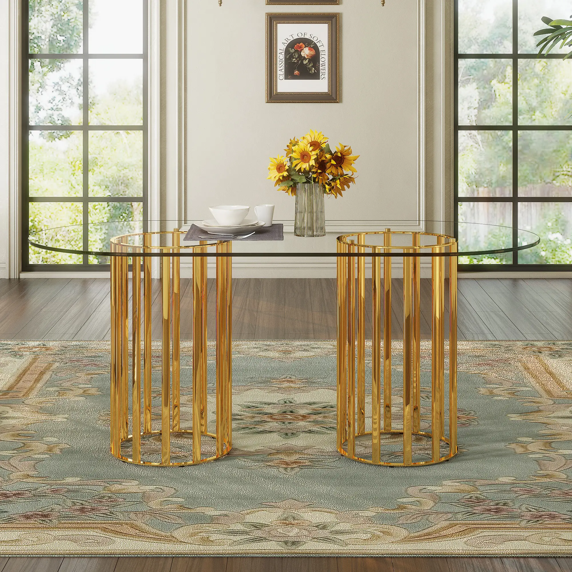 71" Oval Tempered Glass Top Dinner Table - Anti-Slip Scratch-Resistant Easy-Clean, Gold Light Luxury Double Column, Elevated Contemporary Dining Room Furniture with Slip-Resist Base & Suction Cups, Seats 6-8 for Family Dinners & Parties