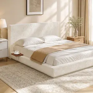 ARCH Queen Upholstered Bed Frame with Adjustable Sliding Side Tables, 8.7'' Cloud Sponge Cushion, Visual Floating Effect, Off-White Chenille Fabric, Steel Frame, No Box Spring Needed, Easy Assembly, Low Profile Anti-Collision Design for Bedroom