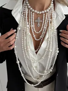 Multi-Layer Long Cross Pendant Pearl Necklace, French Vintage Luxury Style, Graduated Beads, Daily Commute Accessory