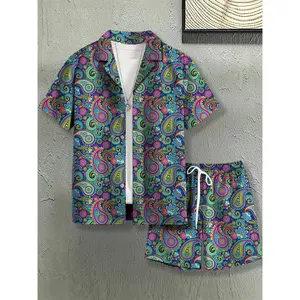 Men'S Casual Lapel Polyester Pajama Sets, Wide Shirt, Random Print, Non-Stretch Woven Fabric 120g/m², with Pocket, for Home Sleepwear