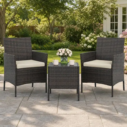 Garvee Outdoor Patio Bistro 3 Piece Set – PE Rattan Wicker Conversation Furniture, 2 Chairs & Coffee Table – All-Weather, Space-Saving Patio Set for Porch, Balcony, Garden, Backyard