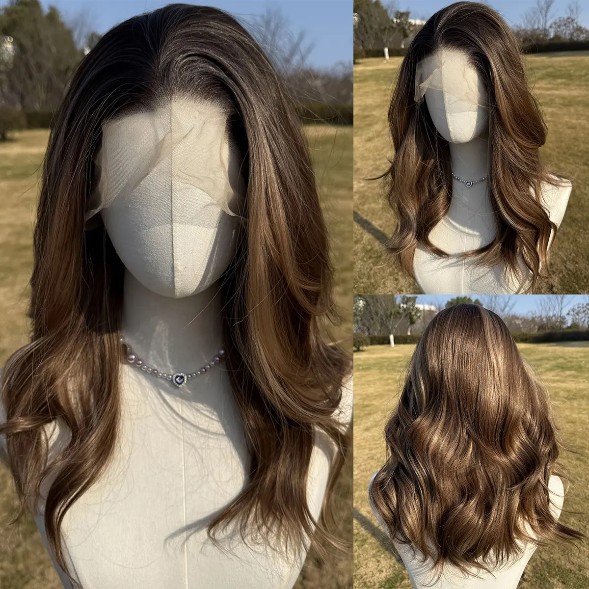 SMILCO 18-inch Brown Ash Blonde Ombre Medium Curly 13×4 Free Part Lace Front Synthetic Wig SM9867
