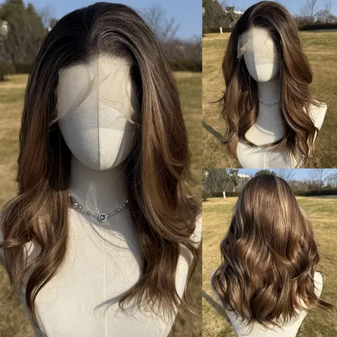 SMILCO 18-inch Brown Ash Blonde Ombre Medium Curly 13×4 Free Part Lace Front Synthetic Wig SM9867