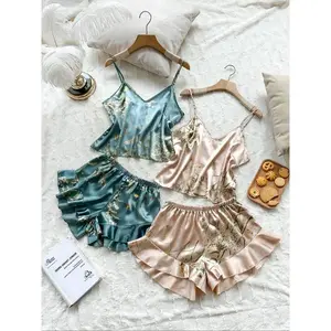 Women's Floral Print Cami Top & Ruffle Trim Shorts Satin Pyjama Set, Summer Outfits 2024, Casual Comfort Camisole & Elastic Waist Shorts PJ Set, Summer Clothes, Sleepwear Set for Women
