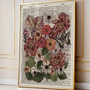 Antique Wildflower Dictionary Art Poster, Flower Themed dictionary prints, Vintage Wall Decor Newspaper