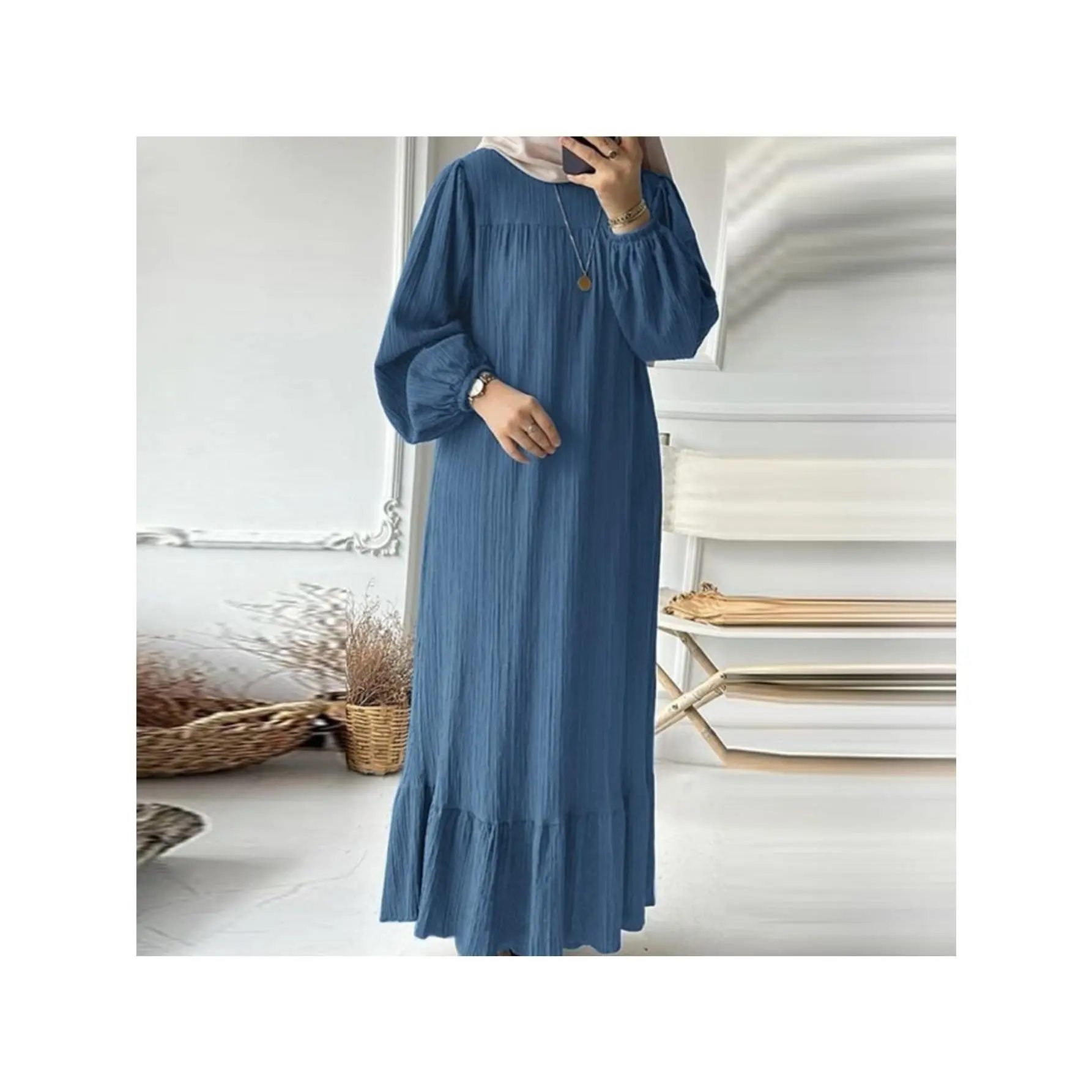 Plus Size - Plus Size - A Traditional Ethnic Robe for Women in Large Sizes, Featuring Bubble Sleeves And Retro Pockets, Designed in The Middle Eastern Arab Style from Dubai. Made from Durable Fabric, It Offers Comfort And a Loose Fit