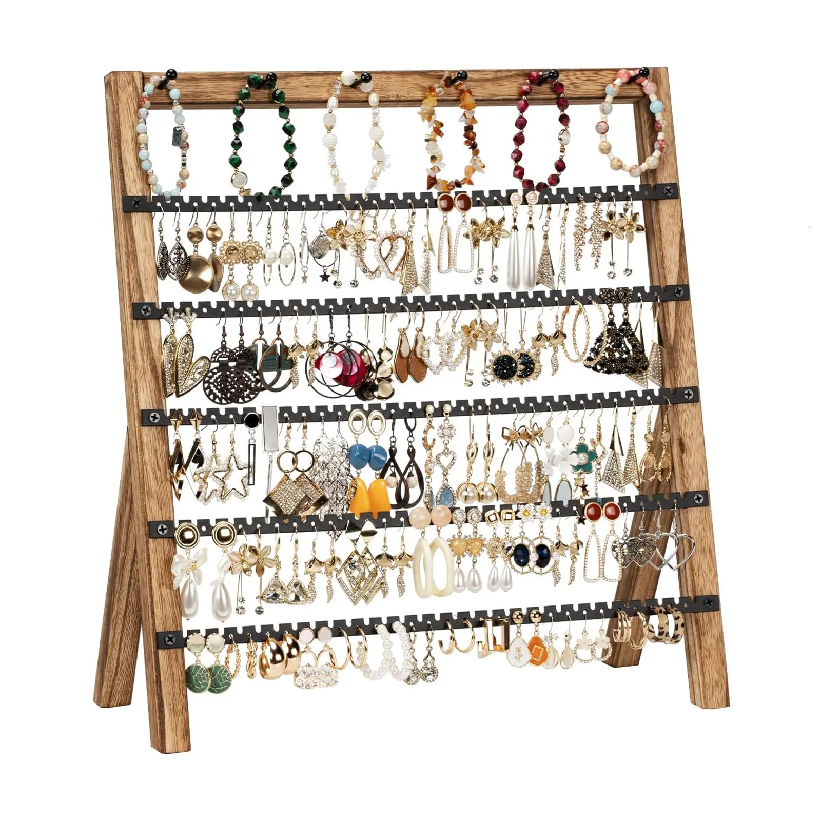 Earring Holder Organizer for Women, Jewelry Display Stand for Earrings Bracelets Necklaces Rings, 6 Tier Rustic Wood and Metal Jewelry Tower with 285 Holes, 6 Bracelet Rods, Stable Countertop Storage Rack