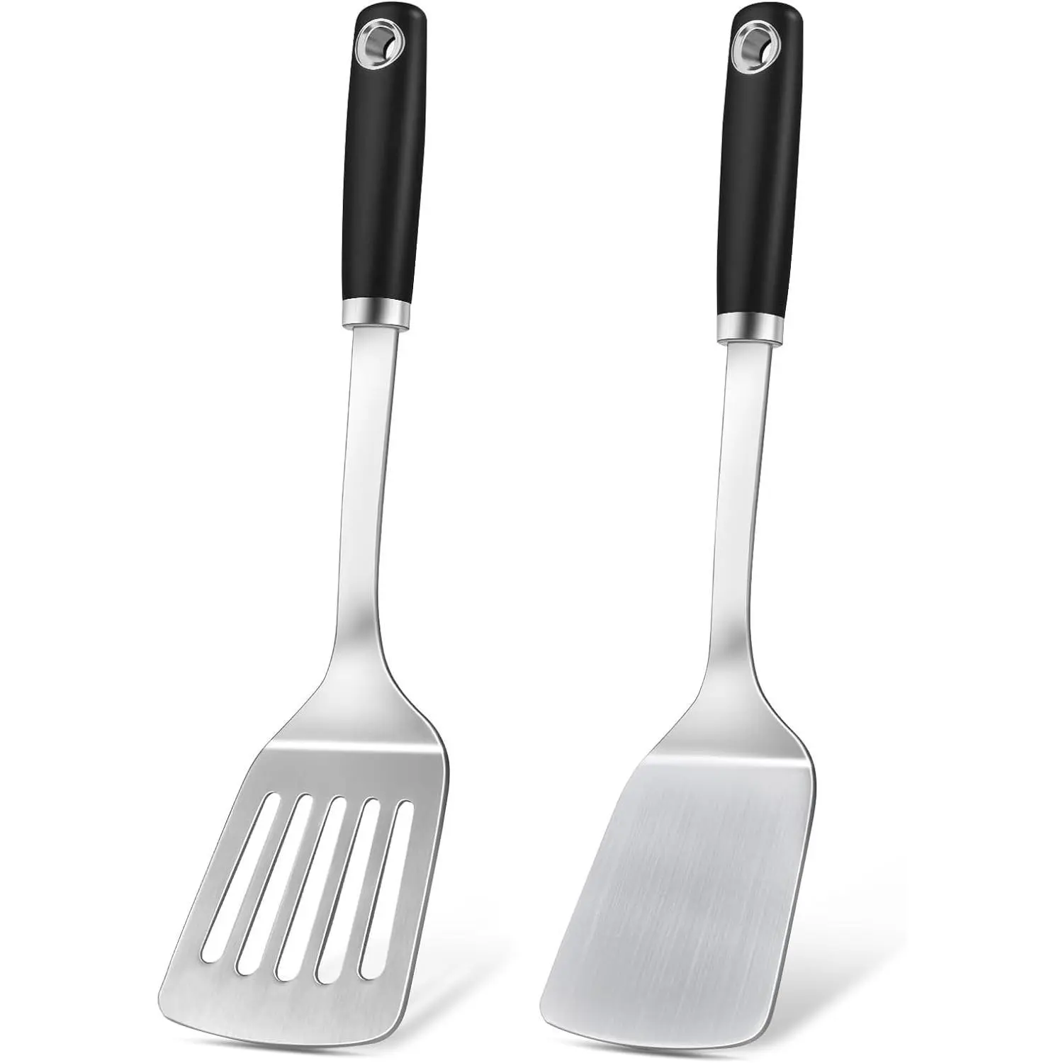 2 Pcs Stainless Steel Spatulas Set, Metal Spatula Solid & Slotted Turner, Heavy Duty Sturdy Spatula for Kitchen Use, High Heat Resistant Cooking Utensils for Fish Eggs Pancakes, Easy to Clean, Silver