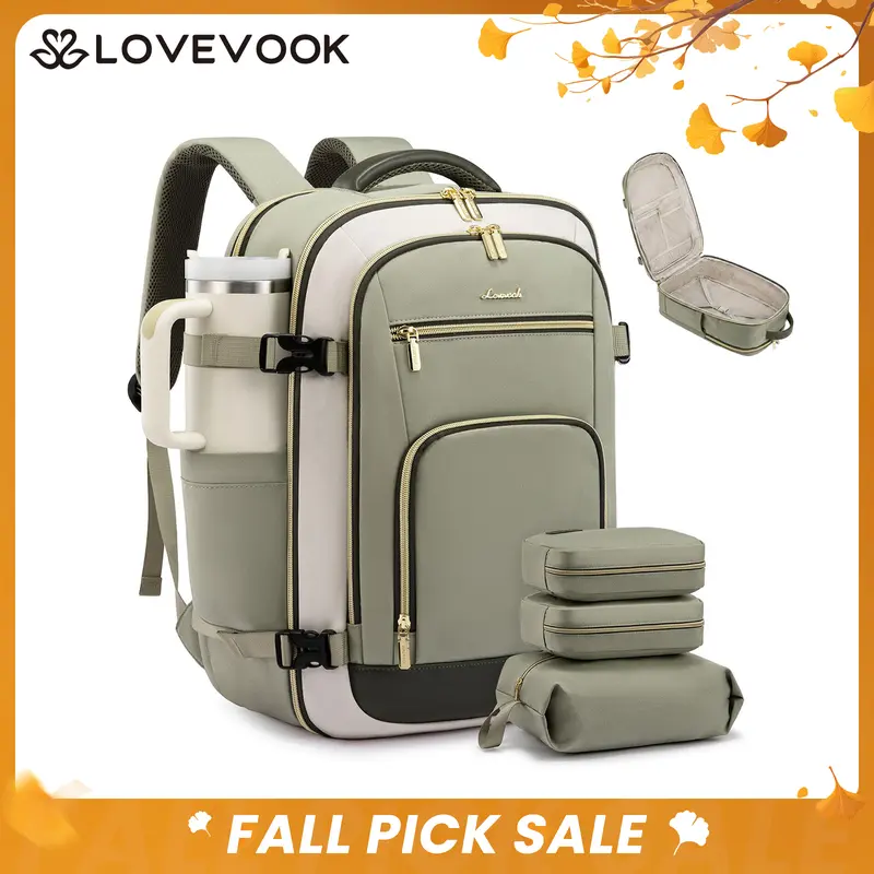 LOVEVOOK Travel Backpack For Women & Men, 40L &50L Carry On Backpack Flight Approved, TSA Personal Item Travel Bag Fits 17 Inch Laptop, Business Weekender Overnight Waterproof Daypack With 2 Cubes