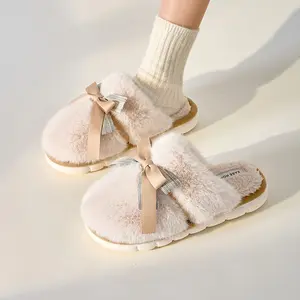 Sweet Double Bow Slippers for Women - Cushioned 4cm Heel Non-Slip PVC Sole Room Shoes - Warm Home Shoes for Winter Lounge Use at Vanity/Entryway/Laundry Room