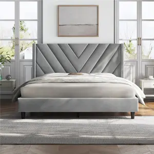 Queen Size Upholstered Platform Bed Frame with Tufted Headboard, Light Gray, Adult