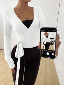 Autumn and winter yoga fitness stretching soft open-plate front strap V-neck wrap long-sleeved slim T-shirt, a fashionable, minimalist, casual and elegant wardrobe must be found, Gym Tops