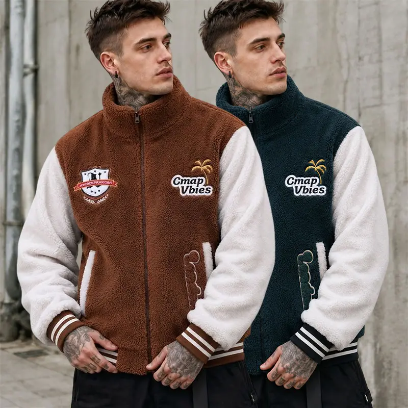Men’s color-block patchwork lambswool baseball jacket with stand collar, full zip, embroidered patches—retro teddy fleece outerwear for autumn/winter streetwear, warm American-style baseball jacket