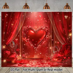 2D Flat, Extra Large Love Theme Backdrop Banner - Romantic Red Heart & Rose Design with Sparkling Lights, Polyester Photo Studio Prop for Parties, Weddings, and Wall Decor, Wedding Decorations Ornaments White