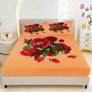 3pc Rose Print Bedding Set, Queen/king Size, Deep Pocket, Non-Slip, Pet-Friendly, All-Seasons, Polyester Fiber