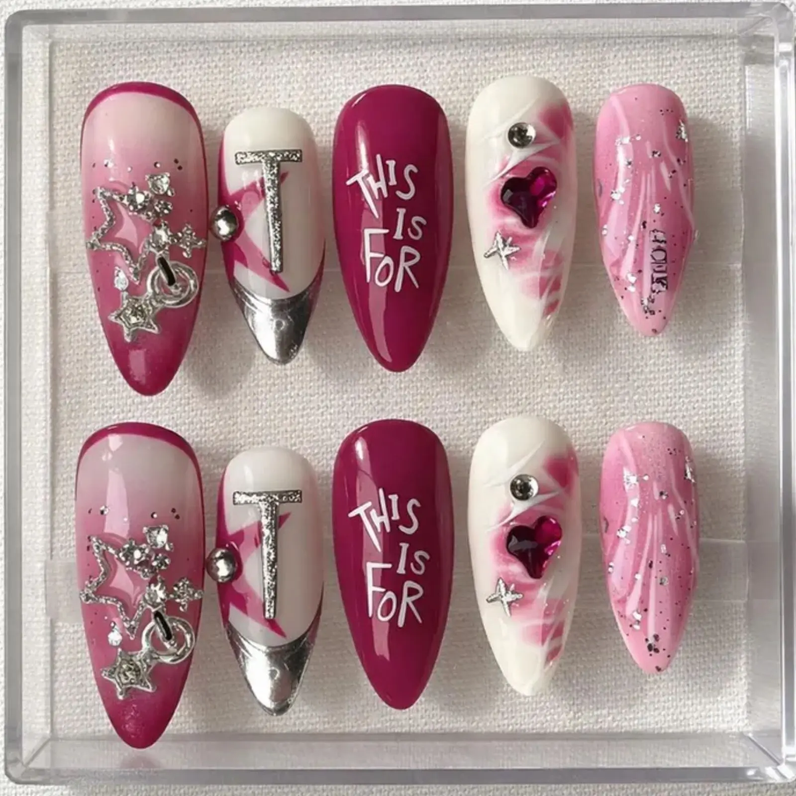 Pink Twice Inspired Press On Nails | Y2K Heart Chrome Nail Art | Korean Idol Concert Fake Nails | Handmade Gel Nails