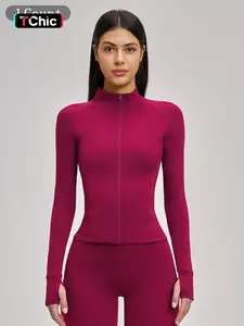 Women's Long Sleeve Yoga Gym Jacket with Zipper Pockets, Fleece Lined Tight Fit Outdoor Sports Running Fitness Top