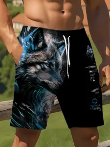 Men's Printed Beach Shorts, Wolf Head Pattern Quick-Dry Casual Shorts, Outdoor Sports Sea Vacation Pants, Fitted H-Type All over Print