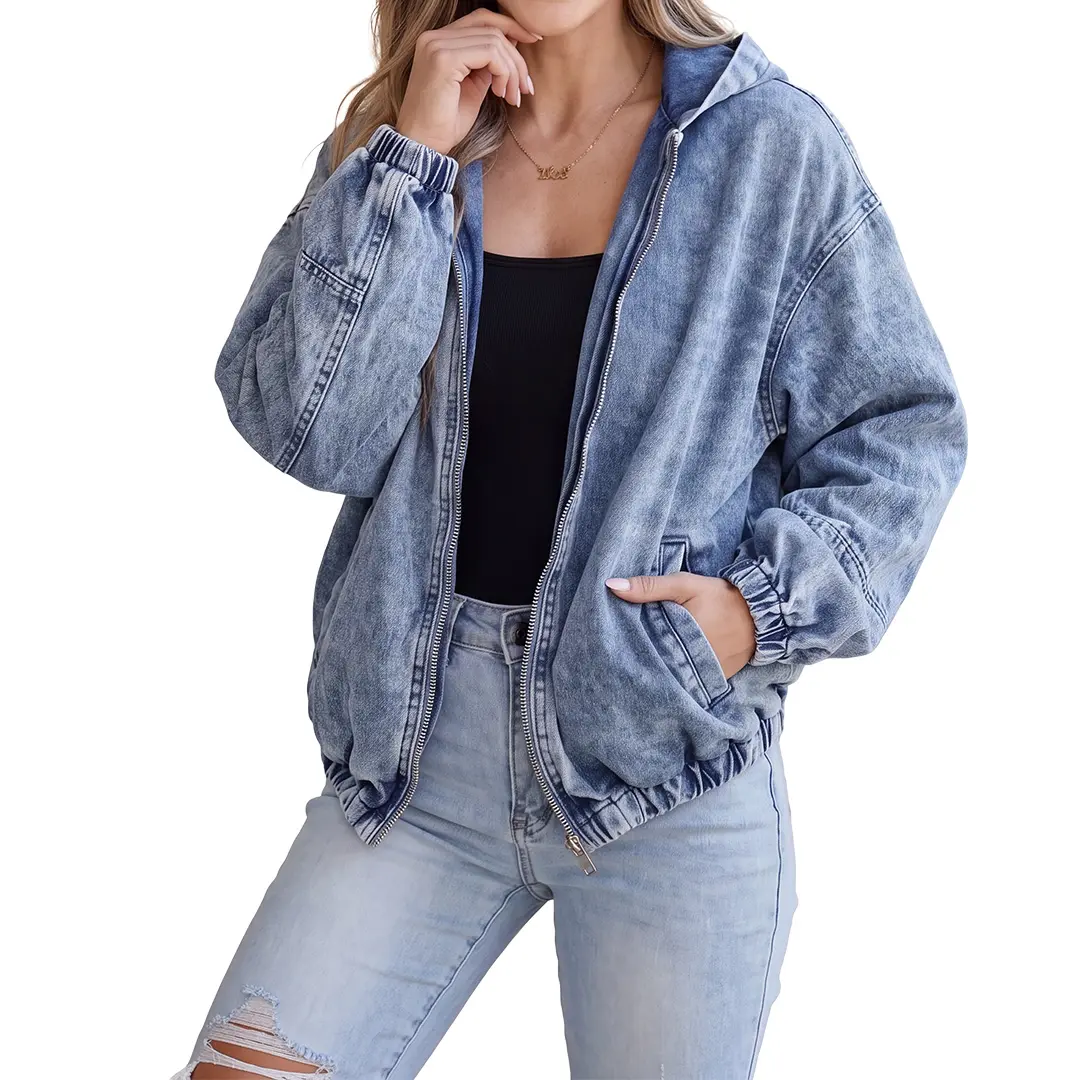 Shewin Women's Solid Cotton Blend Bomber Jacket, Hooded, Drop Shoulder, Metal Zipper, Long Sleeve, Lightweight, Loose-Fit, Regular Length, Casual Denim, Cold Wash