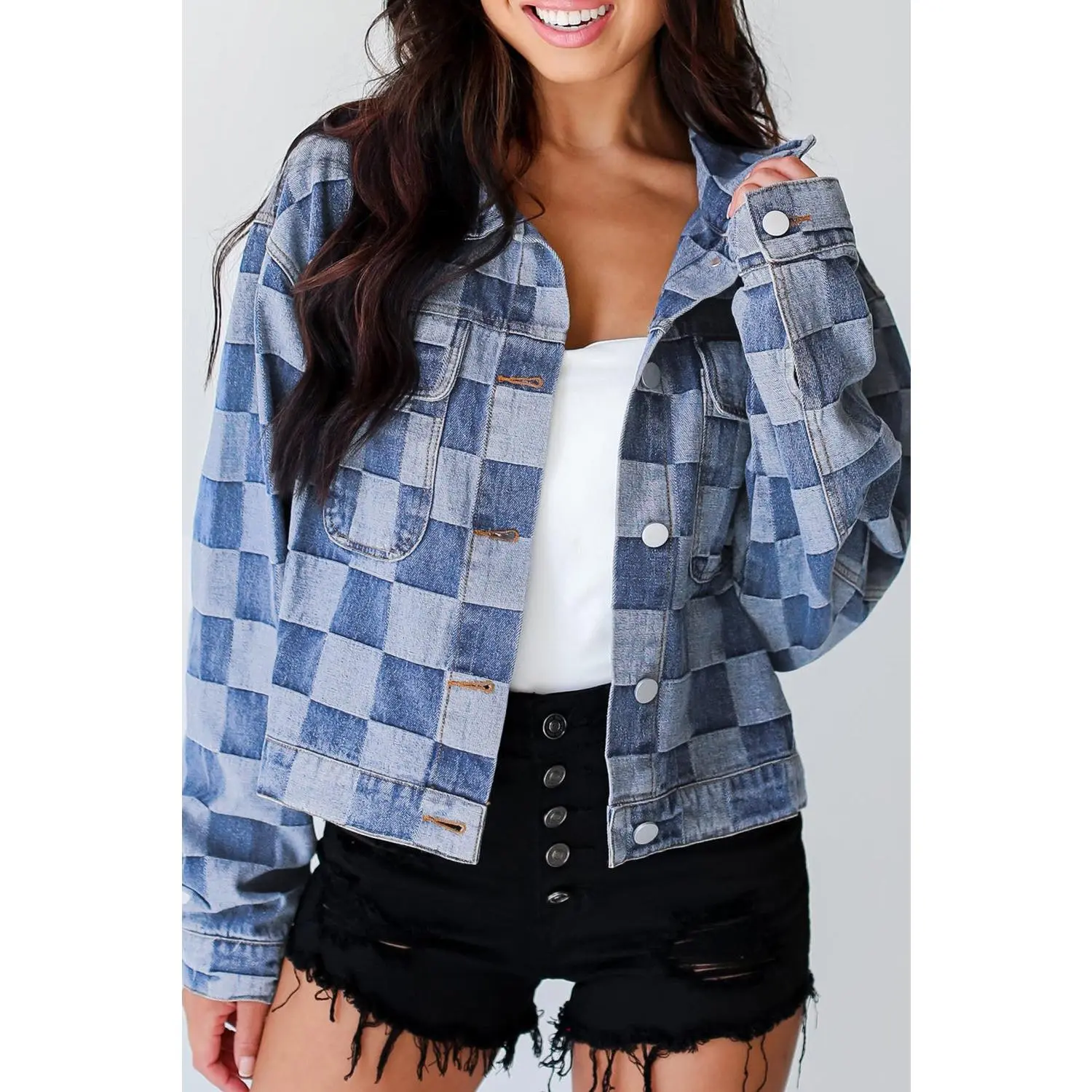 Women's Light Blue Plaid Patchwork Button-Up Denim Jacket, Casual Tops & Coats for Ladies