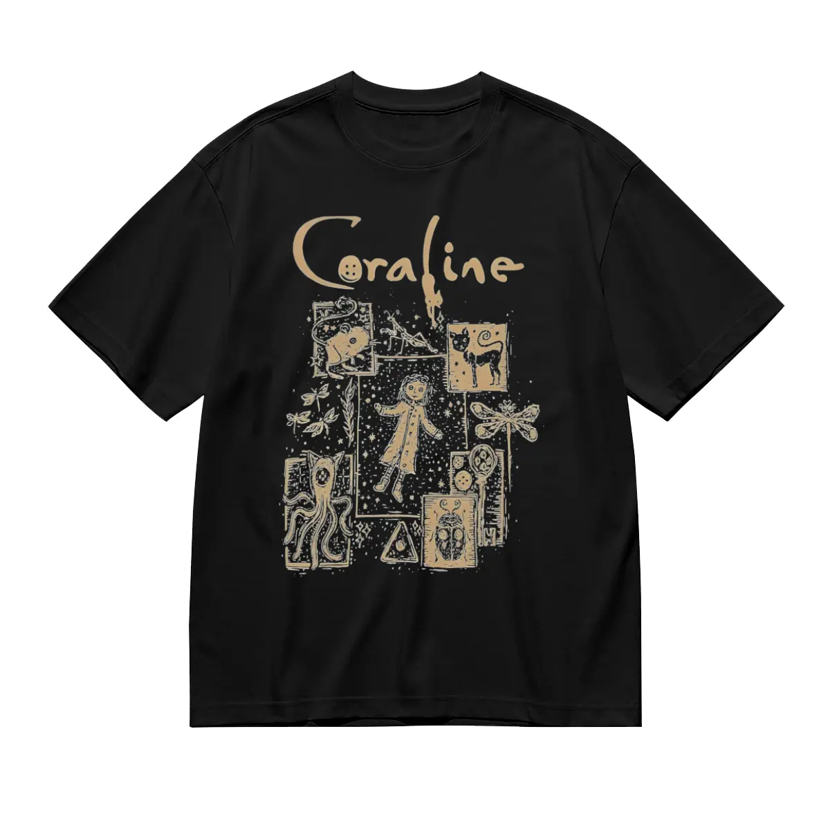 Men's Coraline Character Graphic Short-Sleeve Cotton T-Shirt - Black Menswear, Casual Streetwear Hip Hop Tee with Unique Puzzle Design, Soft Breathable Summer Top, Shortsleeve
