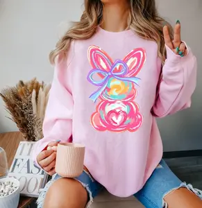 Brushstroke Bunny Easter Sweatshirt T-Shirt, Brush Stroke Bunny Shirt,  Coquette Bunny Shirt, Easter Day Bunny Shirt, Bunny Pink Bow, Girly Easter Sweatshirt, Happy Easter Day Shirts