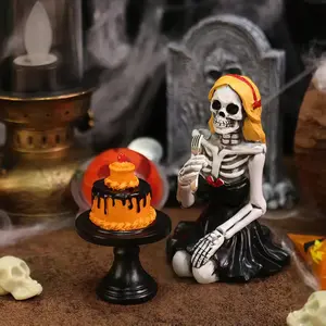 Halloween Skeleton Girl Cake Stand Set, Gothic Resin Skull Figurines, Home Office Decor, Party Decoration, Haunted House Props