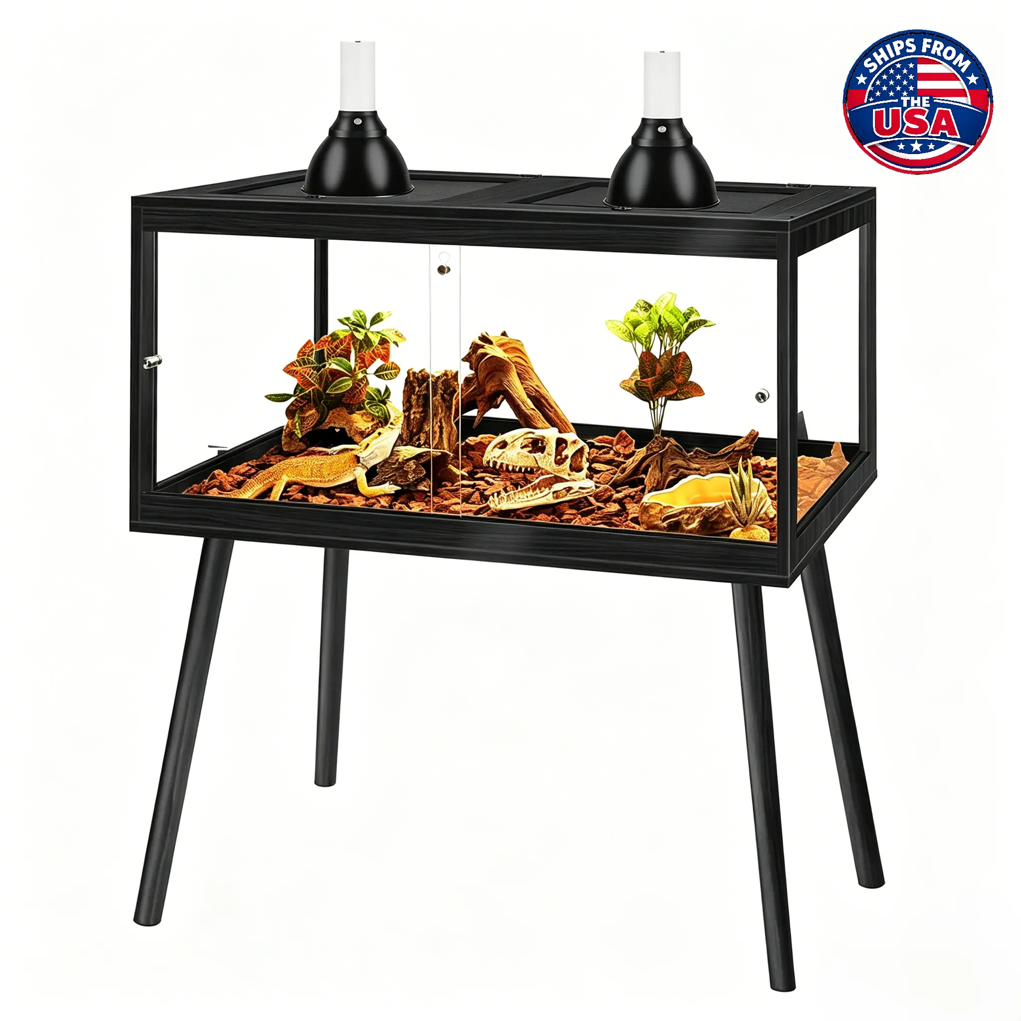 PROLEE Large 34 Gal Rectangle Wood Reptile Enclosure with Legs, Bearded Dragon Tank, 4-Sided Tempered Glass Habitat with Metal Mesh Top & Lockable Double Sliding Glass Front Doors for Easy Cleaning, Dry & Stable Environment, Bearded Dragons, Simplifies Cl