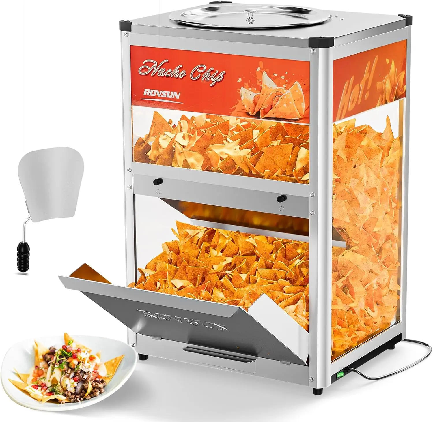 ROVSUN Nacho Chip Warmer, Nacho Machine Food Warmer Display Case Countertop with Warming Light, Glass Door, Scoop & Removable Deflection for Chips Peanuts Popcorn Stainless Steel