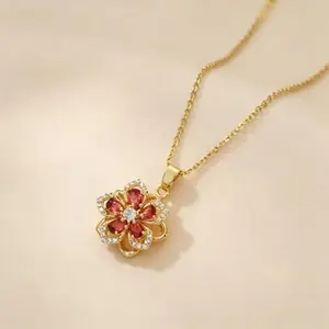360-Degree Rotatable Flower Necklace, Gold-Plated Red Zircon Blossom Pendant, Adjustable Stainless Steel Fidget Jewelry for Anxiety Relief, Graduation Gift for Graduates