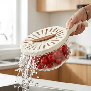 4-in-1 Plastic Colander Food Container with Lid - BPA-Free Food Strainer, Salad Spinner Bowl, Stackable Non-Porous Anti-Leak Refrigerator Storage Container with Foldable Handle (Essential Kitchen Accessory)