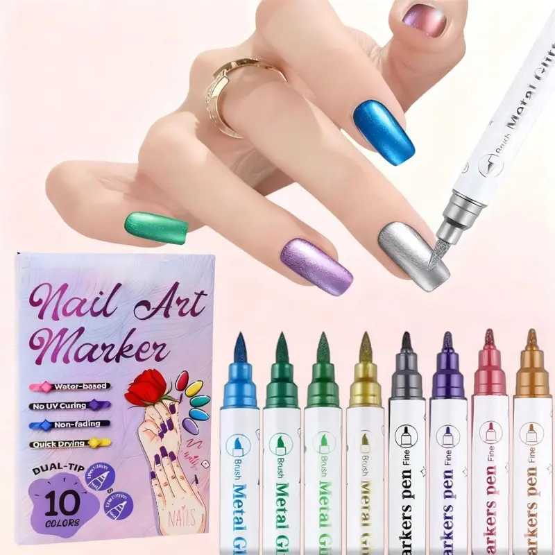 10-Color Double Ended 3D Acrylic Nail Art Markers Set with Metallic Tips, Washable Quick Drying, Dot Stitching Tool for Home DIY, Professional Manicure & Nail Care Supplies