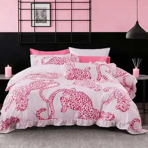 Leopard Print Ruffle Decorative Duvet Cover Set 3 Piece, Includes 1 Duvet Cover and 2 Pillowcases, Soft Comfortable Bedding, Bedroom Bedding Set, Perfect Gift, Bed Sets, Ruffled Bedding Set