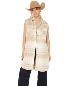 Ashley Women's Plaid Print Button-Down Long Vest - Bb52919-Bge
