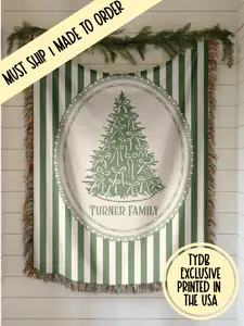 Personalized Green Striped Christmas Tree Woven Blanket – Custom Family Name Throw