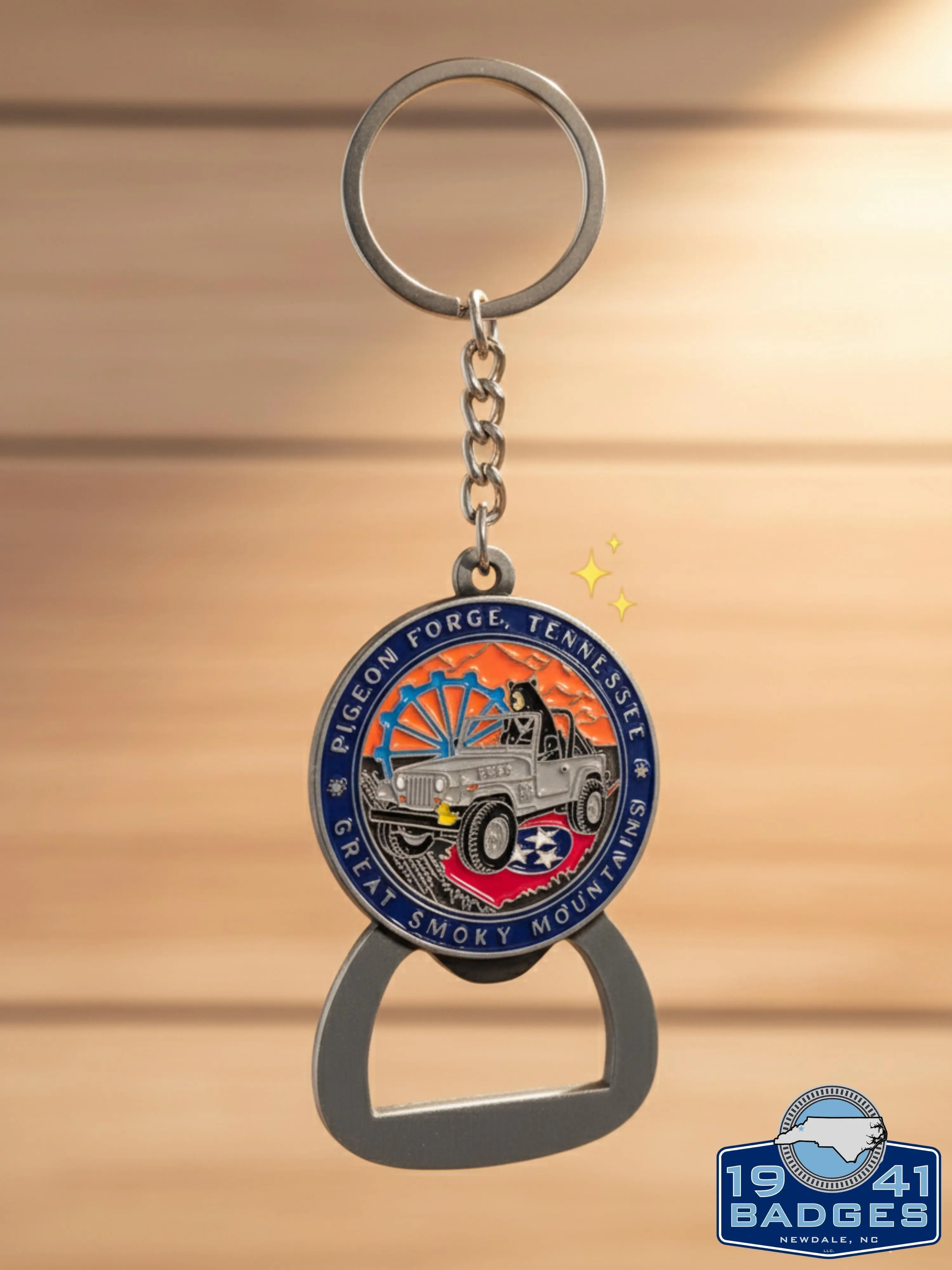 Pigeon Forge Great Smoky Mountains Keychain Bottle Opener All Metal with Black Bear Jeep Orange Sunset Tennessee Flag Design