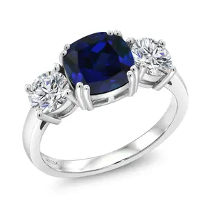 925 Sterling Silver Blue Created Sapphire and Lab Grown Diamond Engagement Ring For Women | 3.50 Cttw | Cushion 8MM | Gemstone September Birthstone