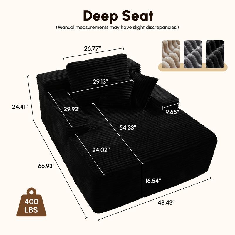 CAODOC Boneless Chaise Lounge Upholstered Sofa Bed with Throw Pillows, 48.42" Deep, Soft Corduroy, No Assembly Required, Indoor Sleeper Chair