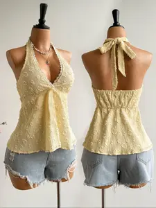 Women's Fashion Comfortable Casual Lace Patchwork Adjustable Tie-Back Design Halter Vest, Stylish Backless Top for Daily Wear