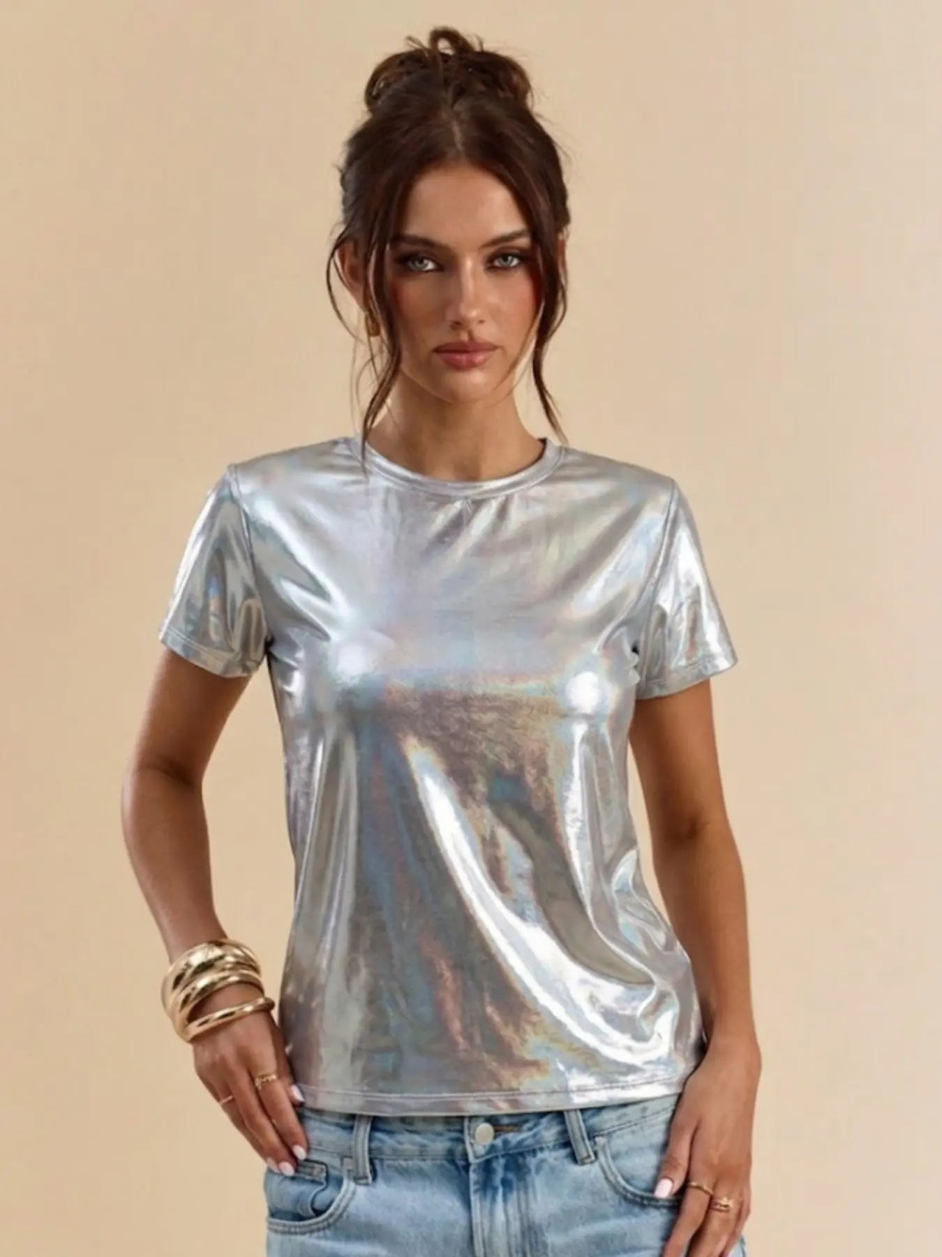 European and American Style Retro Futuristic Metallic Silver Color Short Sleeve T-Shirt, Bright Finish, Fashionable Top for Women