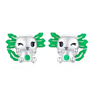 Small Green Axolotl Stud Earrings in 925 Sterling Silver with Push Backs